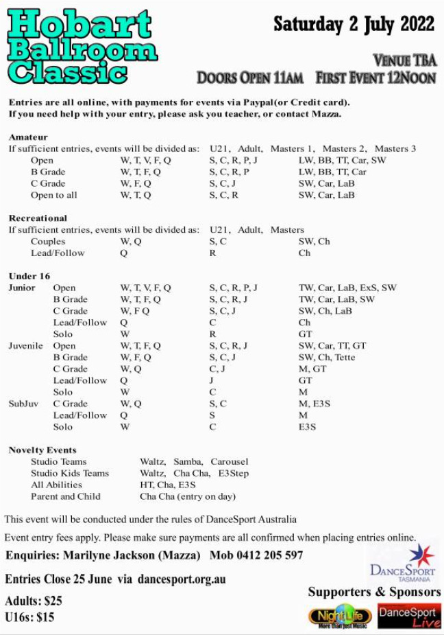 Hobart Ballroom Classic Syllabus 2022 July