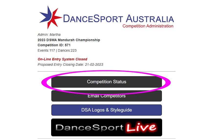 Organiser portal Competition Status button