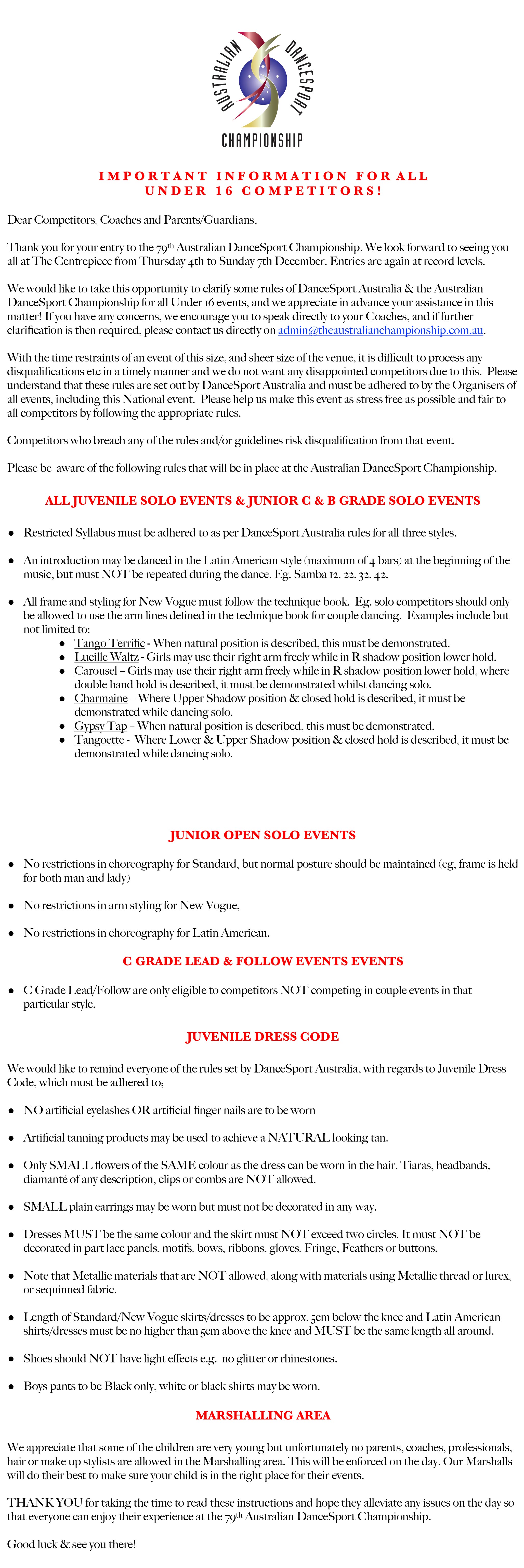 2025 Australian DanceSport Championship Important information for Under 16 competitors