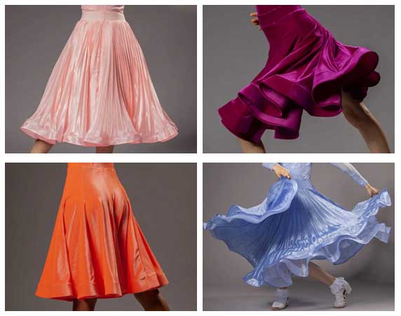 Pictures of dresses showing the correct use of crinoline in the hem. Standard and Latin dresses