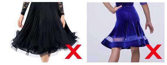 Pictures of dresses showing the incorrect use of crinoline in the hem and not allowed. Standard and Latin dresses