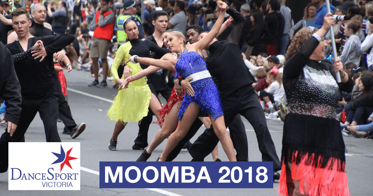 Front section showing off to the crowd in the DanceSport Victoria Moomba Parade 2018