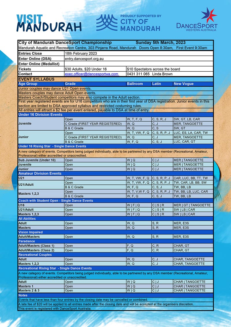 Syllabus for 2023 DSWA Mandurah Championship