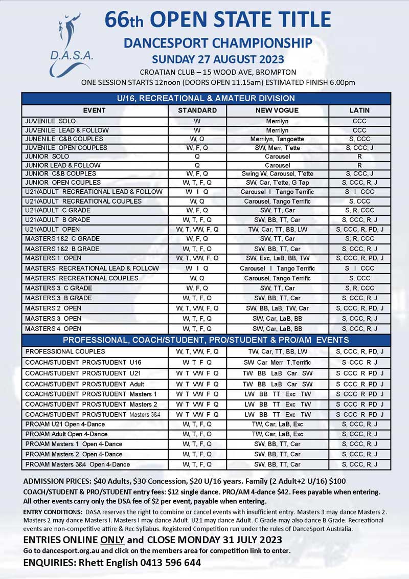 Syllabus for 2023 DASA Open State Title DanceSport Championship