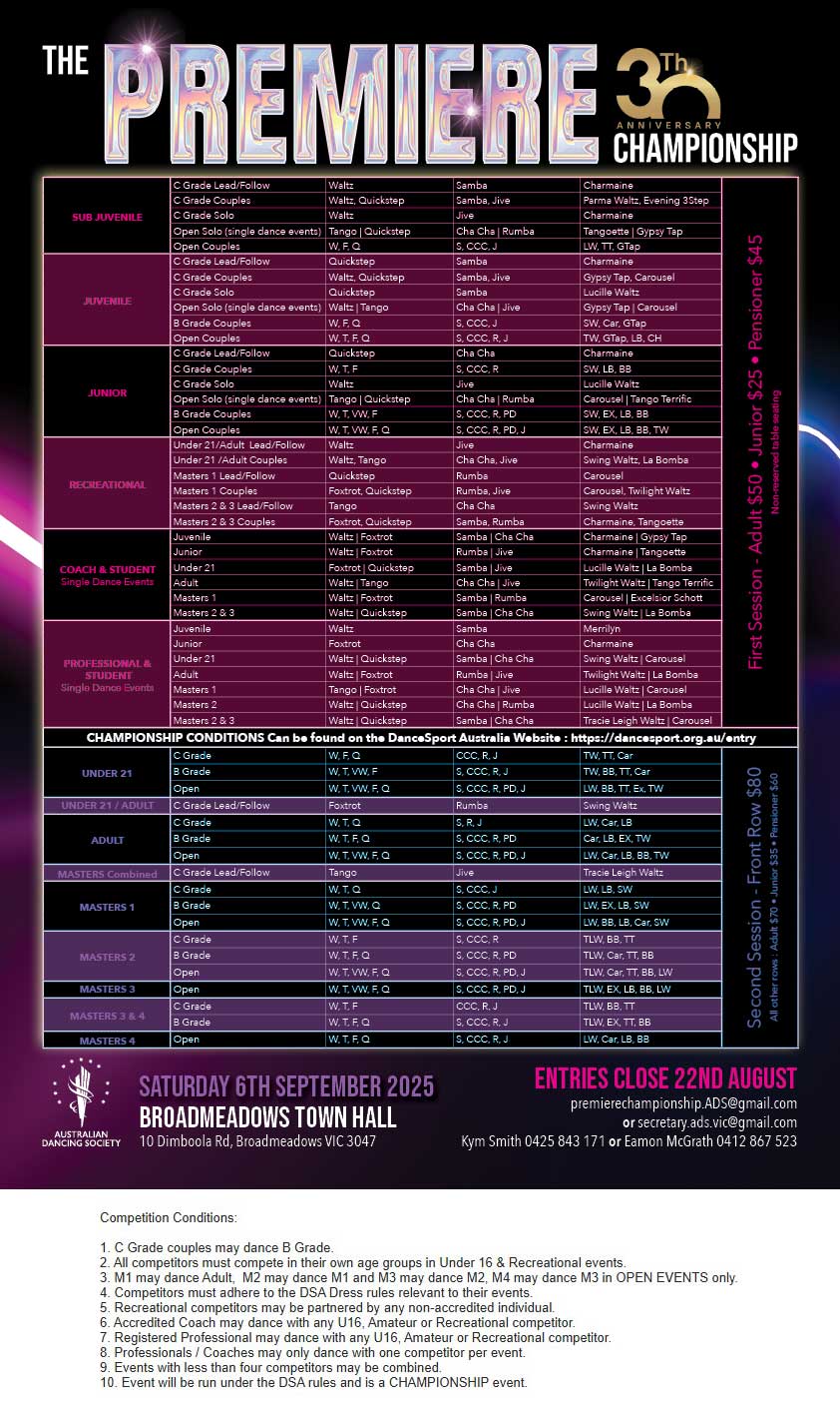 Syllabus for 2025 ADS Vic Premiere DanceSport Championship
