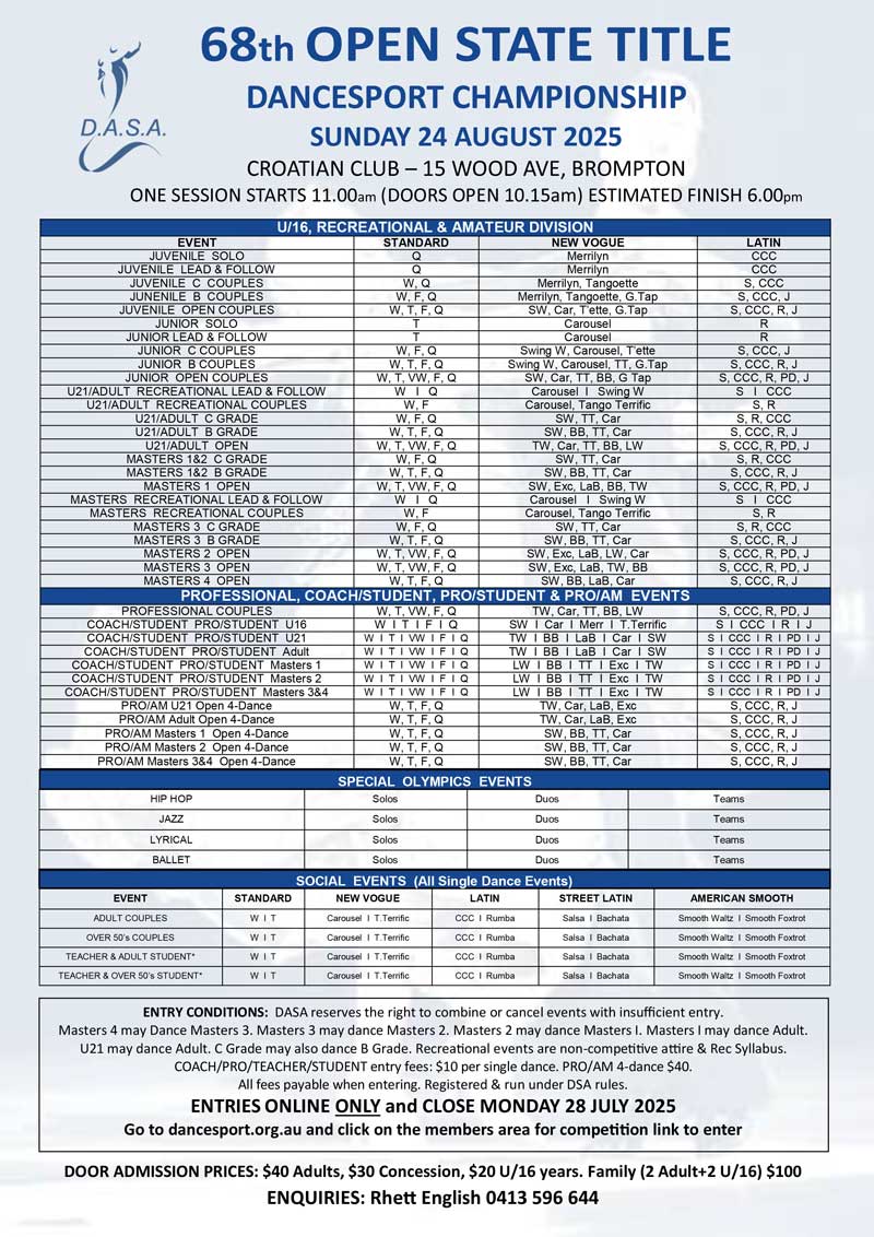 Syllabus for 2025 DASA Open State Title DanceSport Championship