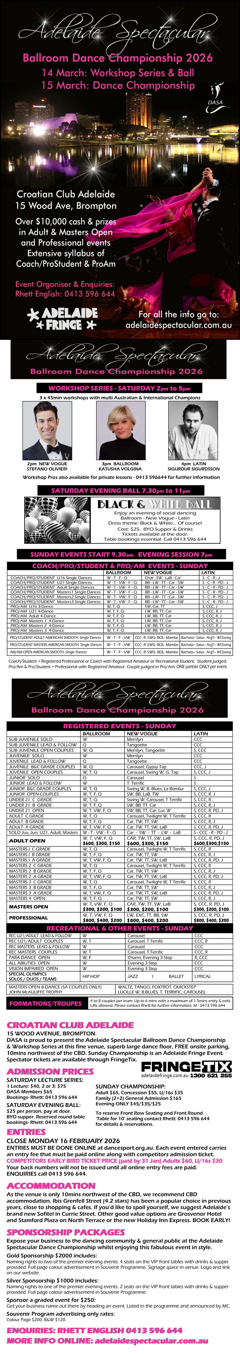 Syllabus for 2026 DASA Adelaide Spectacular Ballroom Dance Championship