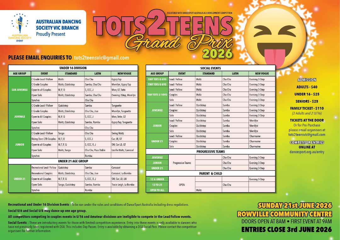 Syllabus for ADS Vic Tots 2 Teens Grand Prix