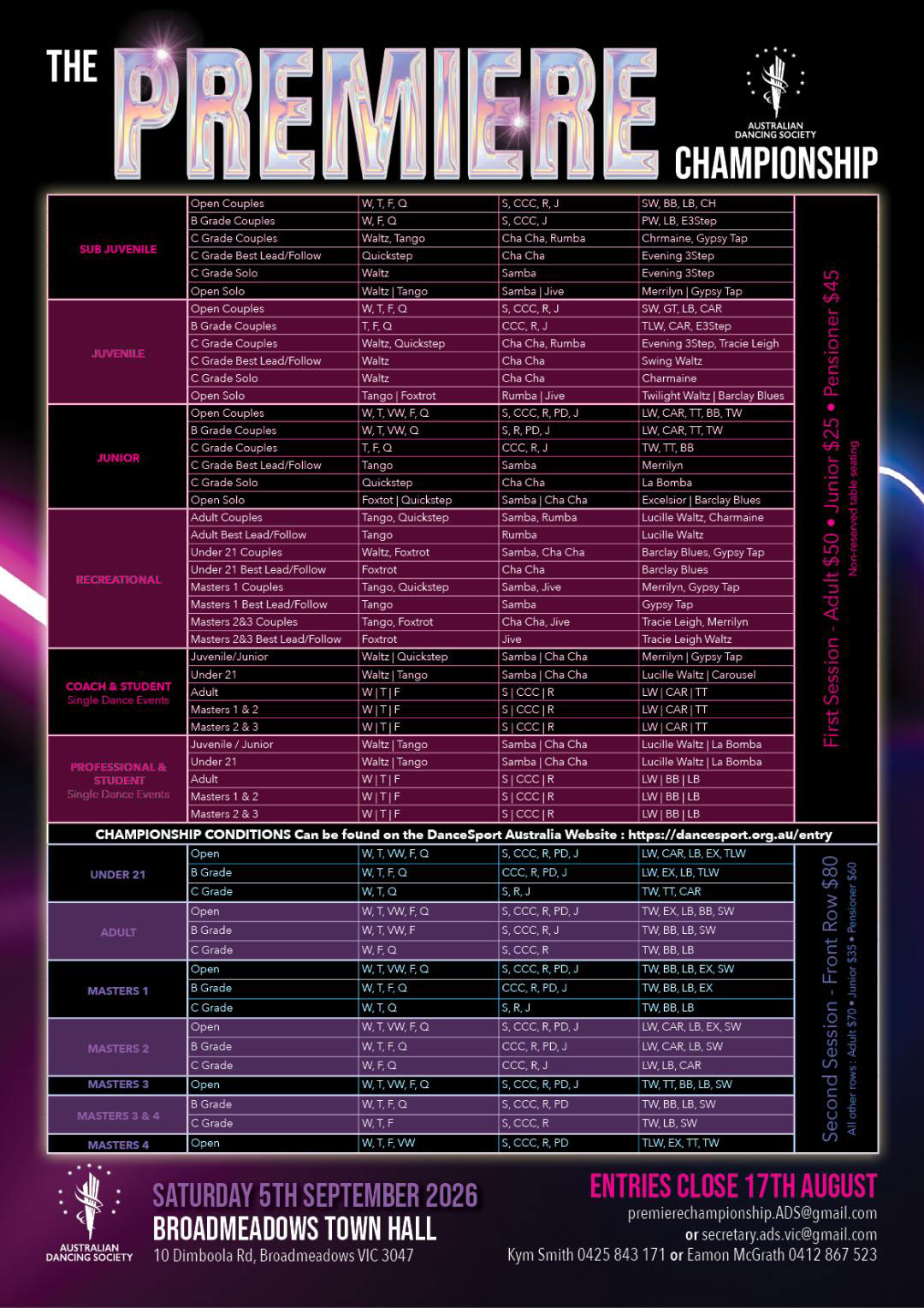Syllabus for 2026 ADS Vic Premiere DanceSport Championship