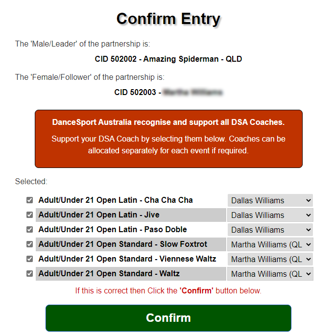 DanceSport Australia On-Line Entry/Ticket System - Coach recognition